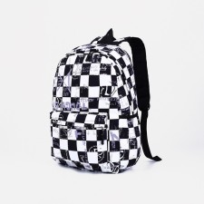 A backpack with a zipper, 3 external pockets, black/white color