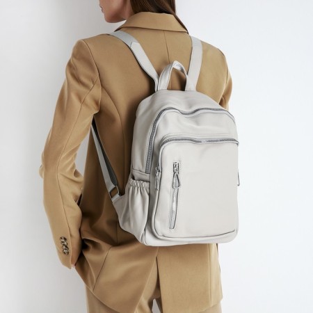 Women's backpack made of artificial leather with lightning, 6 outer pockets, beige color-5