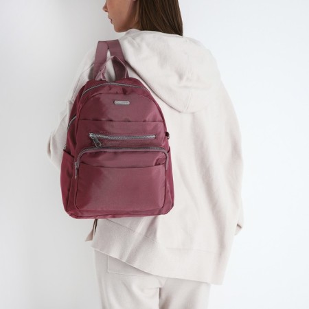 A backpack with a zipper, 5 outer pockets, pencil case, burgundy color-10