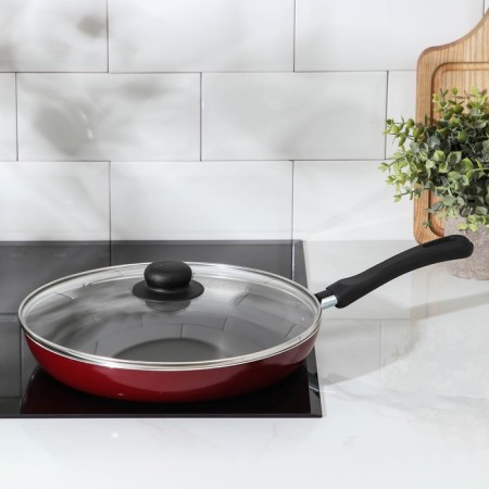 The “Expert” pan, d = 28 cm, plastic handle, glass cover, anti -stick coating, burgundy color-6