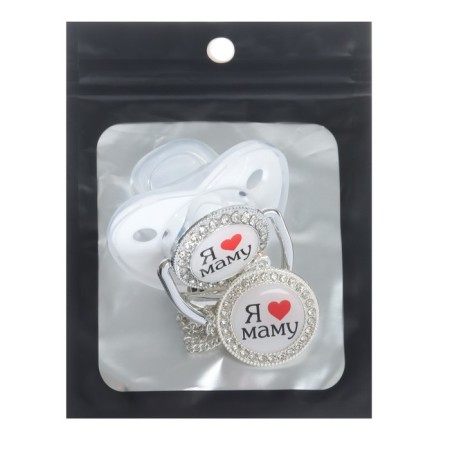 Set: Nipple - Orthodontic dummy with the holder “I love mom”, with a cap, from 6 months, silver, rhinestones-7