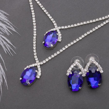 Set 2 objects: earrings, “jacqueline” necklace, oval, white-blue color in silver, 45 cm