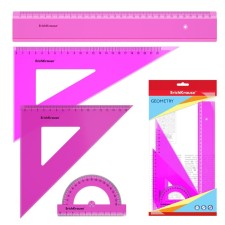 Geometric Erichkrause Neon, Plastic, large (ruler, 2 squares, transporters), pink, in Floopac