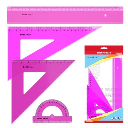 Geometric Erichkrause Neon, Plastic, large (ruler, 2 squares, transporters), pink, in Floopac