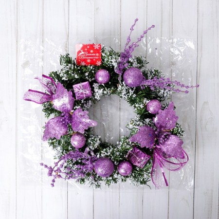 New Year's wreath D-24 cm "Balls and flowers" lilac-2