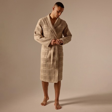 Wafel dressing gown Male SL Home: Chess "Sabbia", size S, 100% cotton, 340 g/m2