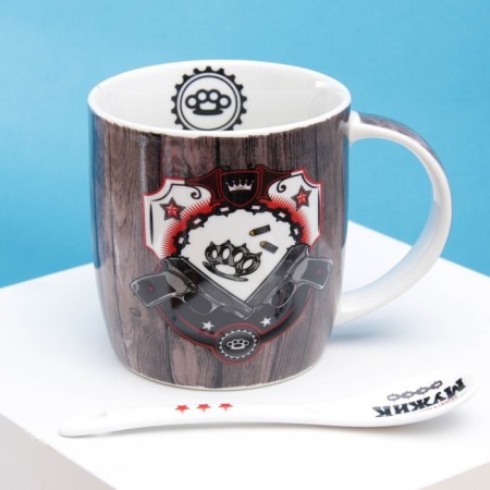Ceramic mug with a spoon "Real man", 350 ml, white color-1