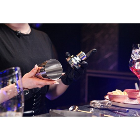 Set for the Big John Bar, 5 objects: forceps, stretcher, spoon, shaker, jigger, stainless steel-9