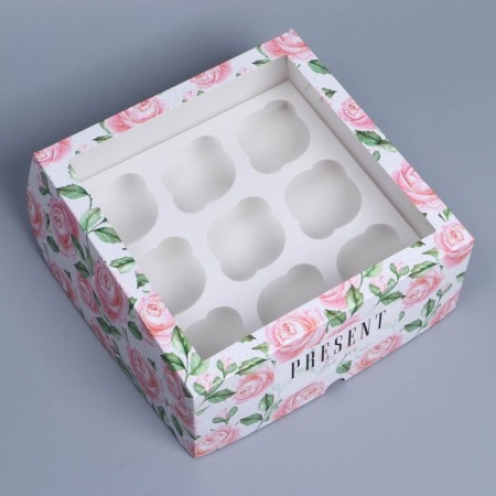 Capcake box, confectionery packaging with a window, 9 rose cells, 25 x 25 x 10 cm-1