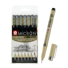 A set of capillary pens 7 pieces (Liners 0.2, 0.25, 0.3, 0.35, 0.45, 0.5; Brush brush), Sakura Pigma Micron (pigmented light -resistant ink)