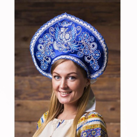 Kokoshnik "Bird", Atlas, Blue color