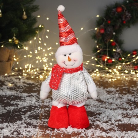 Soft toy "Snowman in a shiny suit" 36x17 cm, red-white