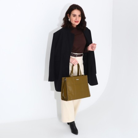 Luggage bag, external pocket, long belt, green-brown color-7