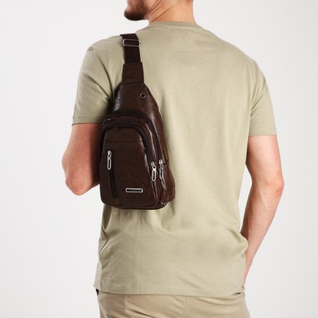 Male sling bag, artificial leather, headphone opening, brown color
