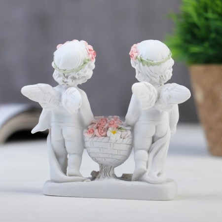 Polystone souvenir "Snowty angels in pink wreaths with roses basket" 9x9x3.5 cm-2