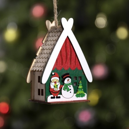 Christmas tree toy "House with a snowman", from batteries, a glow of warm white-1