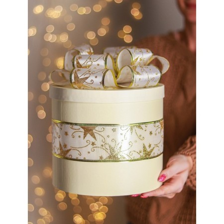 A satin ribbon with a metal thread “Patterns with a star”, 60 mm, 9 ± 0.5 m, white/gold color-1