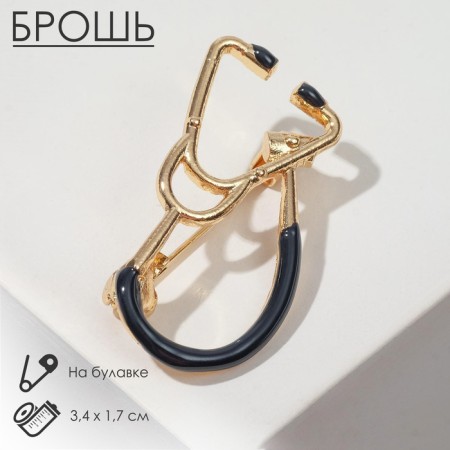 Brooch "Stetoscope" medical, black color in gold