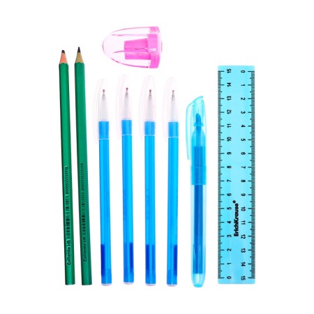 Cleaning set 10 items (penalty tubus 65 x 210 mm, handle 4 pieces blue, ruler 15 cm, sharpener, pencil 2 pieces, textbook), blue-9