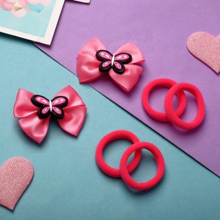 Sofia hair set (4 elastic bands, 2 clamps) Bow's bow, pink-1