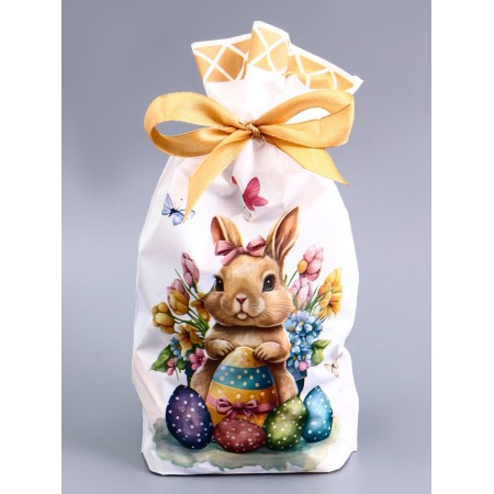 Polyethylene gift package "Hare with flowers", with ties, 15*23cm