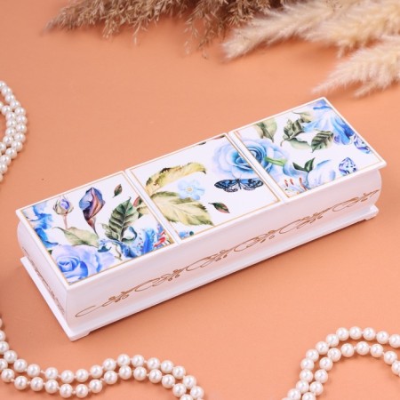 Casket "Butterfly and Roses", white, 23 x 7.5 x 5 cm, triple, lacquer miniature