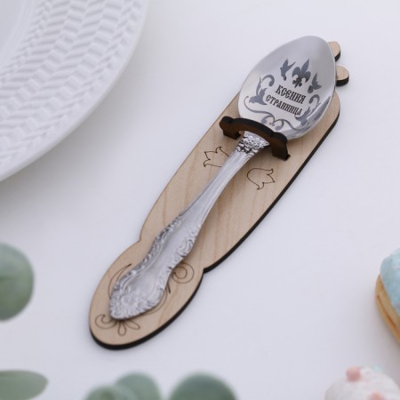 A spoon is registered, tea, with an engraving "Ksenia", h = 14