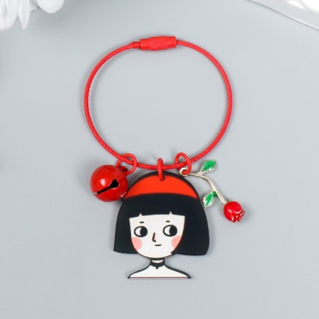 Acryl keychain on a cable with a bell "Baby in a red beret with a rose"-1