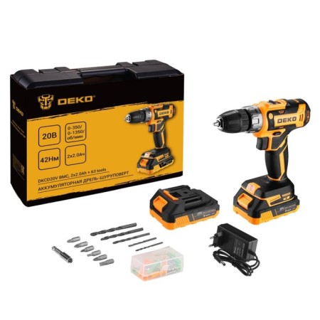 DRAST-SURVENT DEKO DKCD20V BMC, 20 V, 2x2 Ah, case + set of tools 63 pcs.