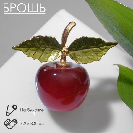 Brooch "Cherry" with leaves, red-green color in gold