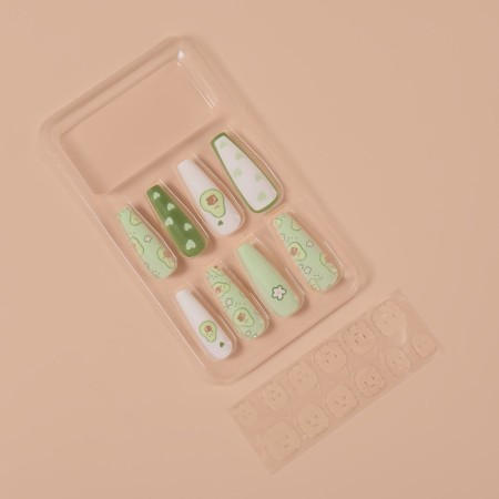 Avocado overhead nails, 12 pcs, with adhesive plates, ballerina shape, green/white color-1
