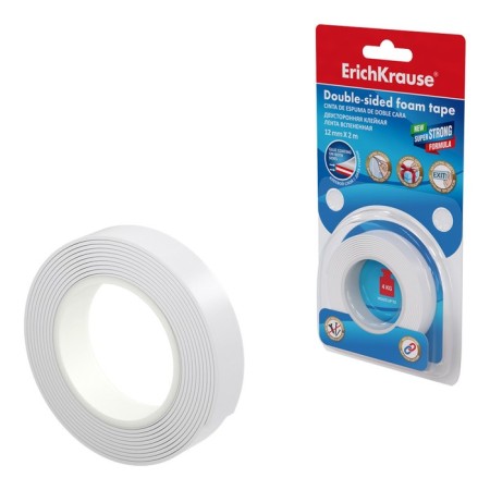 The adhesive tape is bilateral, 12 mm x 2 meters, erichkrause, on a foamed basis, white, blister