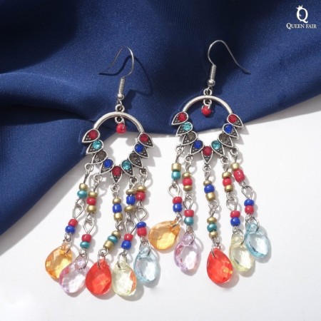 Hanging earrings with rhinestones "Vostok" Dreaming Clover, colored in black silver, 8 cm-1
