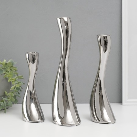 Ceramics candlestick for 1 candle "wave" d = 2.5 cm, silver, set 3 pcs h = 20, 25 and 30 cm-4