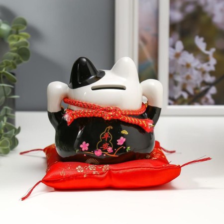 Souvenir Ceramics Piggy Code "Black Cat Mani-Neko with bells" 11.5x11.5x9.5 cm-3