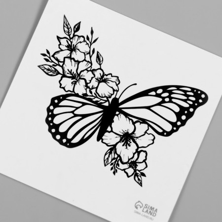 Tattoo on the body black "butterfly with flowers" 6x6 cm-5