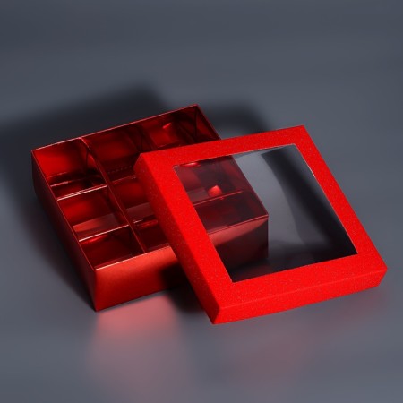 Box for 9 sweets red glitter, 12.5 x 12.5 x 4 cm. Confectionery packaging-3