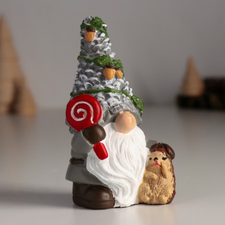 Polystone souvenir "Dwarf in a hat with cones, with a hedgehog and candy" 5.5x4.5x10.5 cm-1