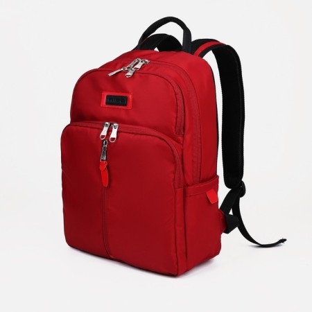 A backpack with a zipper, rise, 2 outer pockets, a laptop department, red color