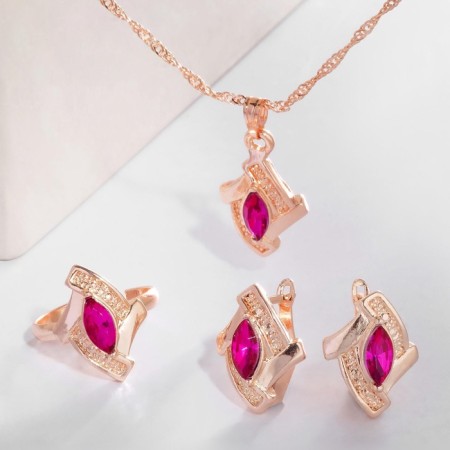 Set 3 objects: earrings, pendant, ring "Edel" rhombus perfection, pink color in gold, 45 cm-3
