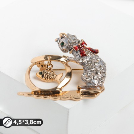Brooch "Cat" with an aquarium, the color is gray-red in gold