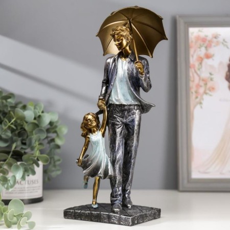 Souvenir Polystone "Dad and daughter on a walk under the umbrella" Blue 28x11x8 cm-1