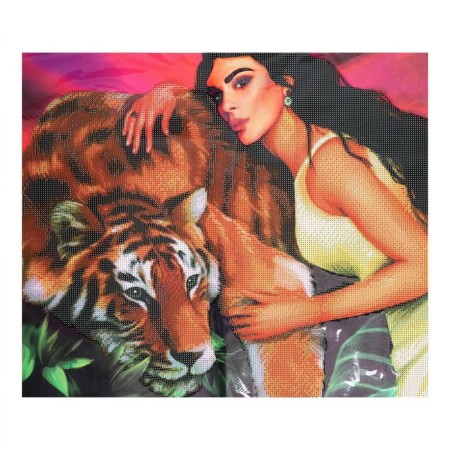 Diamond mosaic with partial filling on the canvas "Girl with Tiger", 50 x 60 cm-1