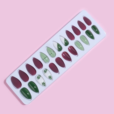 Follow nails, 24 pcs, with glue plates, almond shape, matte burgundy/green/white color-5