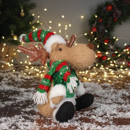 Soft toy "Deer in a striped cap" sits, 44x19 cm-1