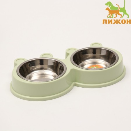 Metal dual bowl on a plastic basis 2 x 400 ml, 28 x 15.5 x 4 cm, green