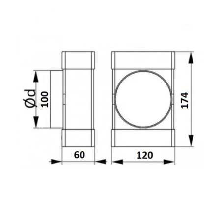 Zein tee, rectangular, 60 x 120 mm, ventilation, with the transition to a round channel d = 100 mm-4