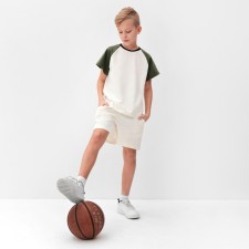 A set for a boy (T -shirt and shorts) Minaku, ecruil color/olive, height 134 cm