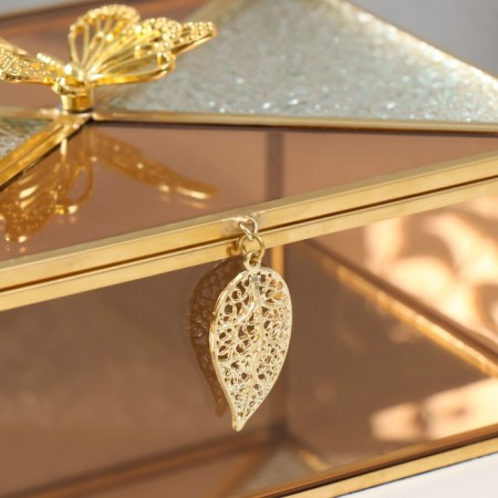 Casket Glass with a metal frame "Butterfly and leaf" Caramel 18.7x14.6x9 cm-1
