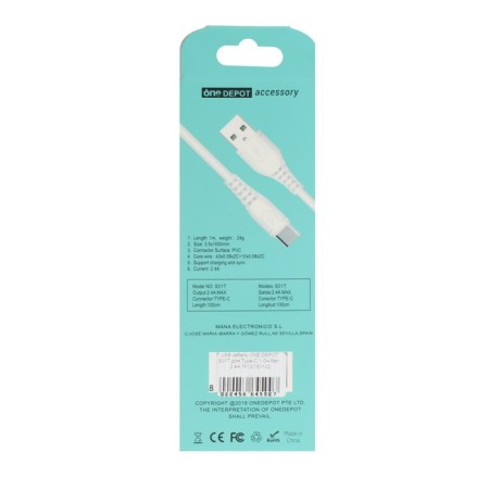 ONE Depot S01T, Type -C - USB, 2.4 A, 1 m, white cable-4